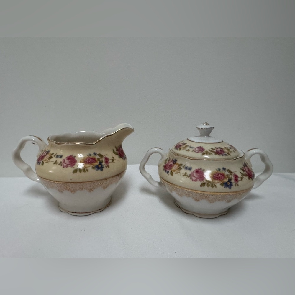 Vintage Gold Castle Hostess Creamer & Sugar Bowl Set: Pink Roses, Made in Japan.